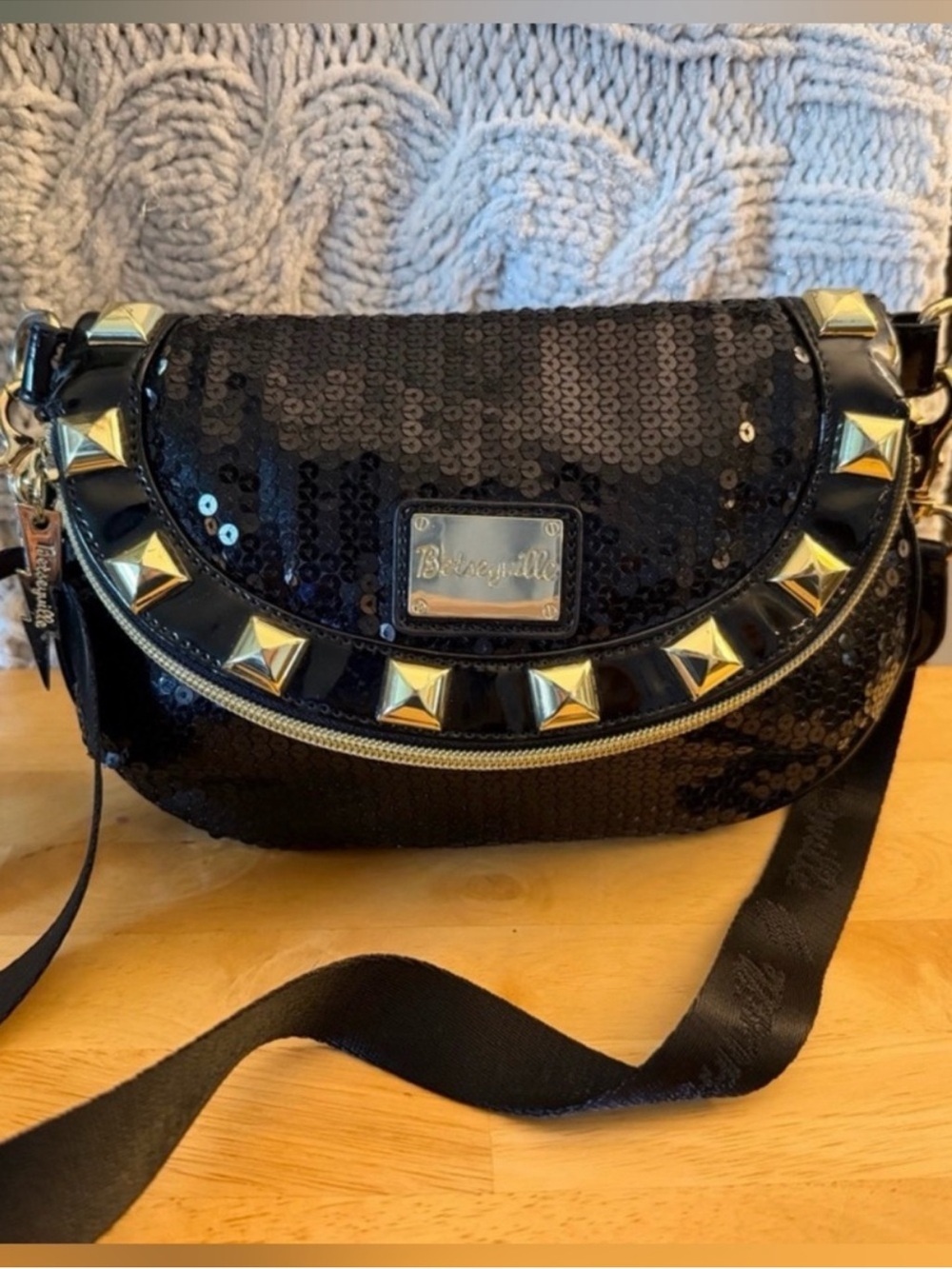 Betsey Johnson Black Sequin Crossbody with Gold Studs